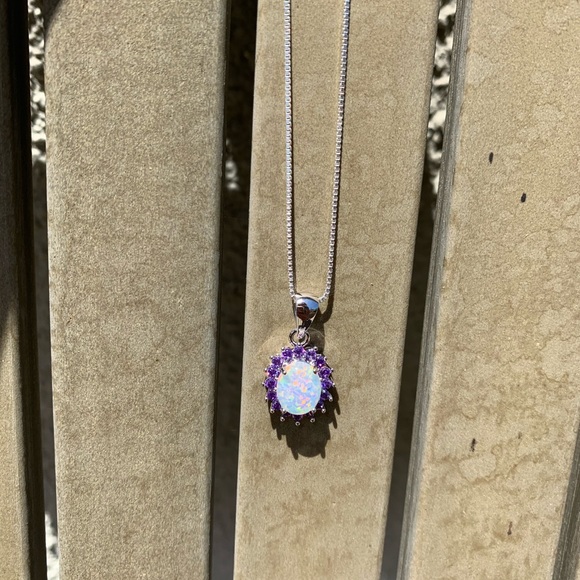 Silver Opal necklace with Amethyst Accent Stones - Picture 3 of 5